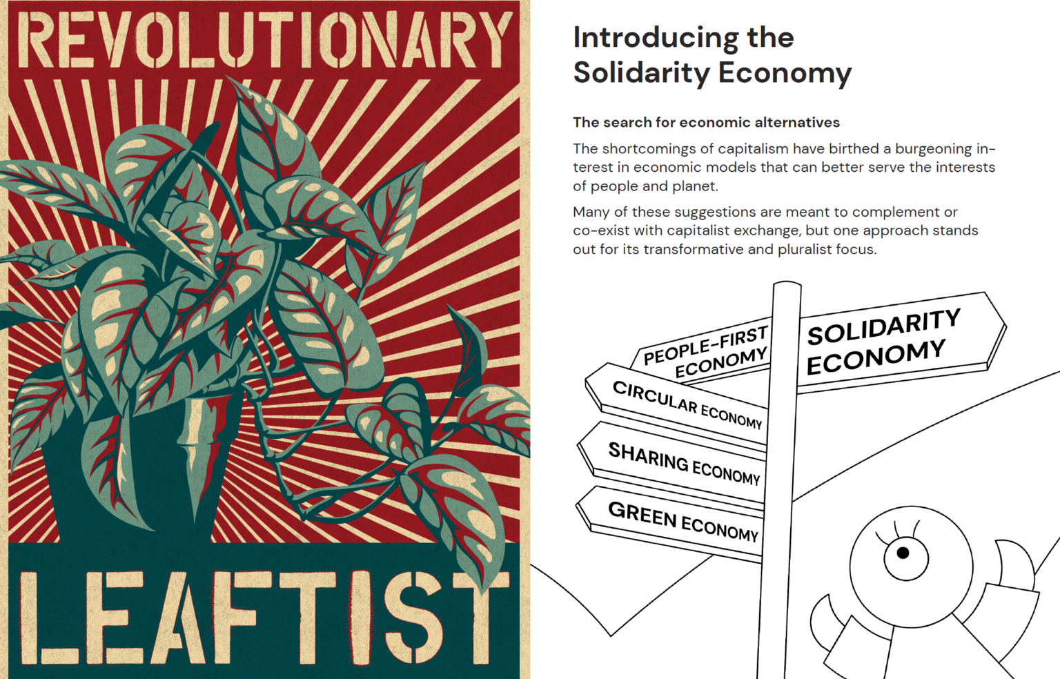 The left half of the image is a red, yellow, and green poster of a houseplant drawn in the style of vintage communist posters from China, titled 'REVOLUTIONARY LEAFTIST'. The right half of the image is the first page of a zine titled 'Introducing the Solidarity Economy' with descriptive text accompanied by simple illustrations of goofy characters
